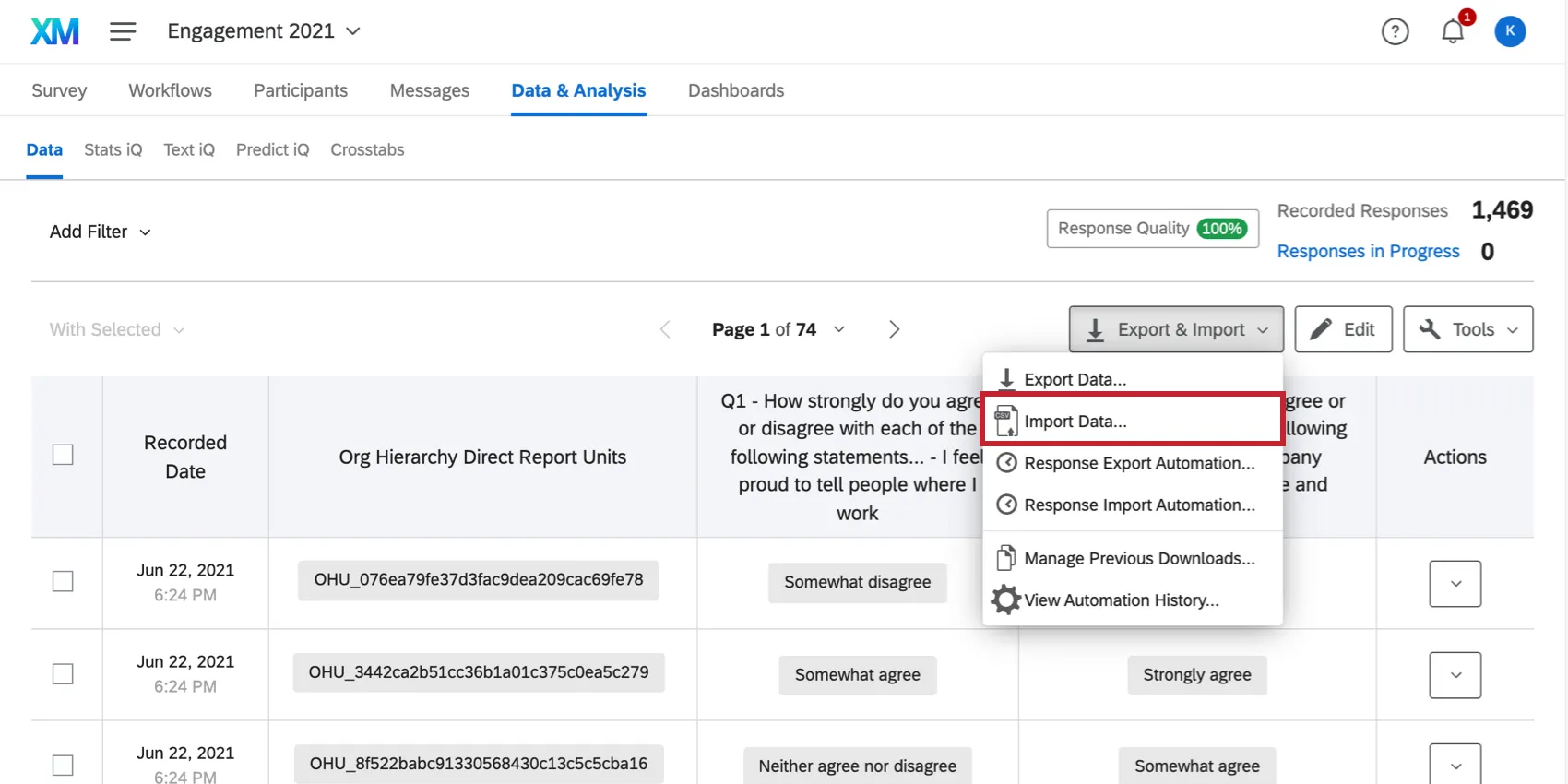 Image of the import option on the data and analysis page