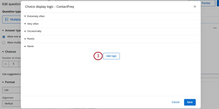 Neues Fenster, in dem für jede Antwortmöglichkeit eine Dropdown-Liste angezeigt wird. Die von uns gewählte Option ist bereits erweitert, und es gibt eine Drucktaste, um mit dem Hinzufügen von Logik zu beginnen.
