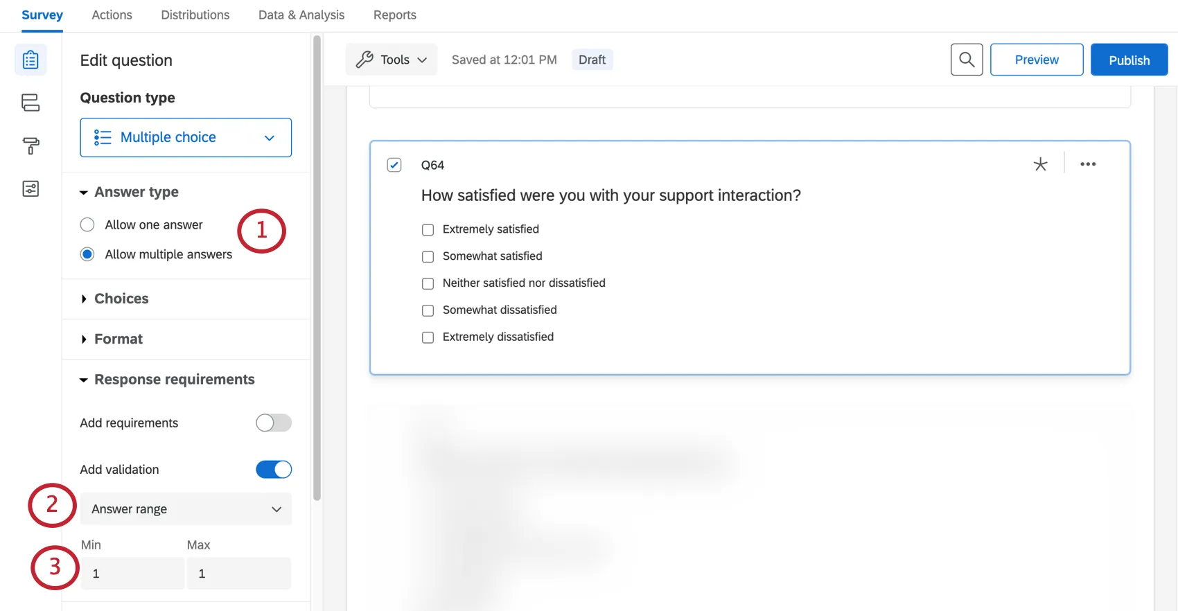 Image shows the steps described; settings can be found once a multiple choice question is selected