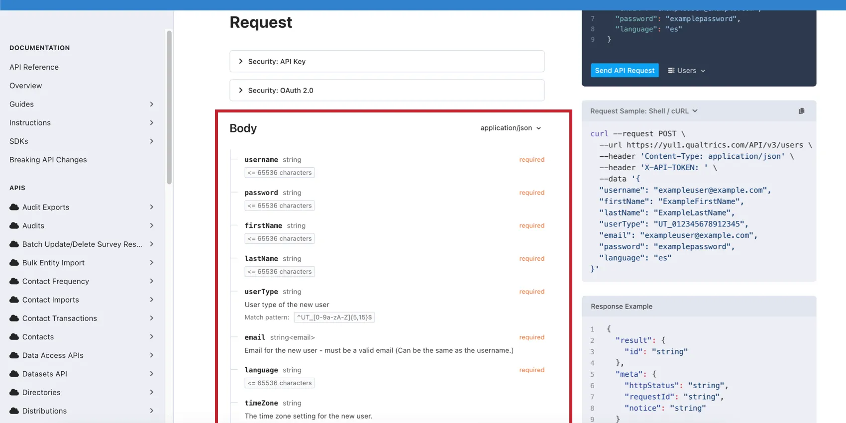 Lista dei parametri per la chiamata API