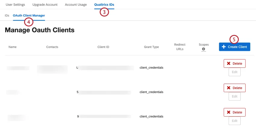diríjase a la sección OAuth de los ID de Qualtrics y haga clic en crear cliente