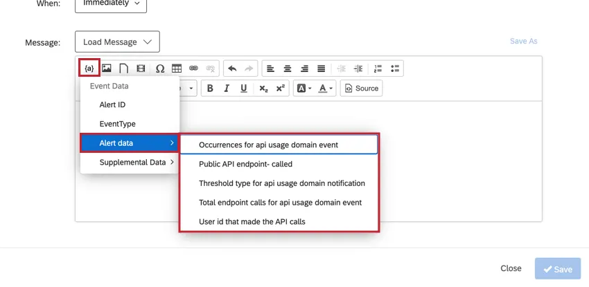 El menú de texto dinámico para tareas activadas por un evento de uso de api