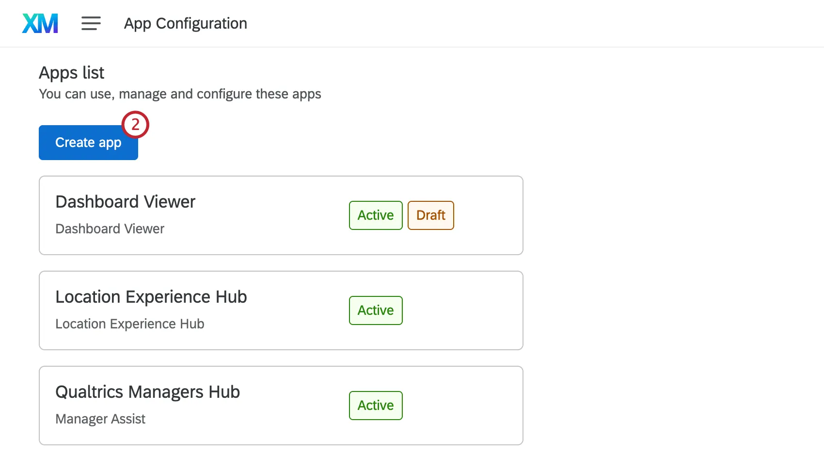 "Create app" button at the top of the app list