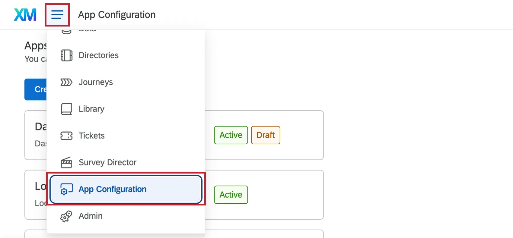 app configuration within the global navigation menu