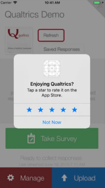 Une fenêtre souvre sur lactivité de liphone demandant Appréciez-vous Qualtrics ? touchez une étoile pour lévaluer sur lapp store. Il y a ensuite cinq étoiles bleues.