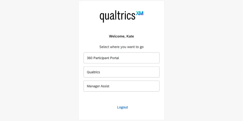 Una pagina che vi dà il benvenuto e vi chiede dove volete andare. LISTA manager assist, QUALTRICS e 360 partecipante