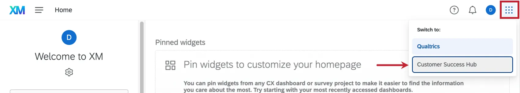 Inside a qualtrics account. Click the bento icon in the upper-right to reveal customer success hub option