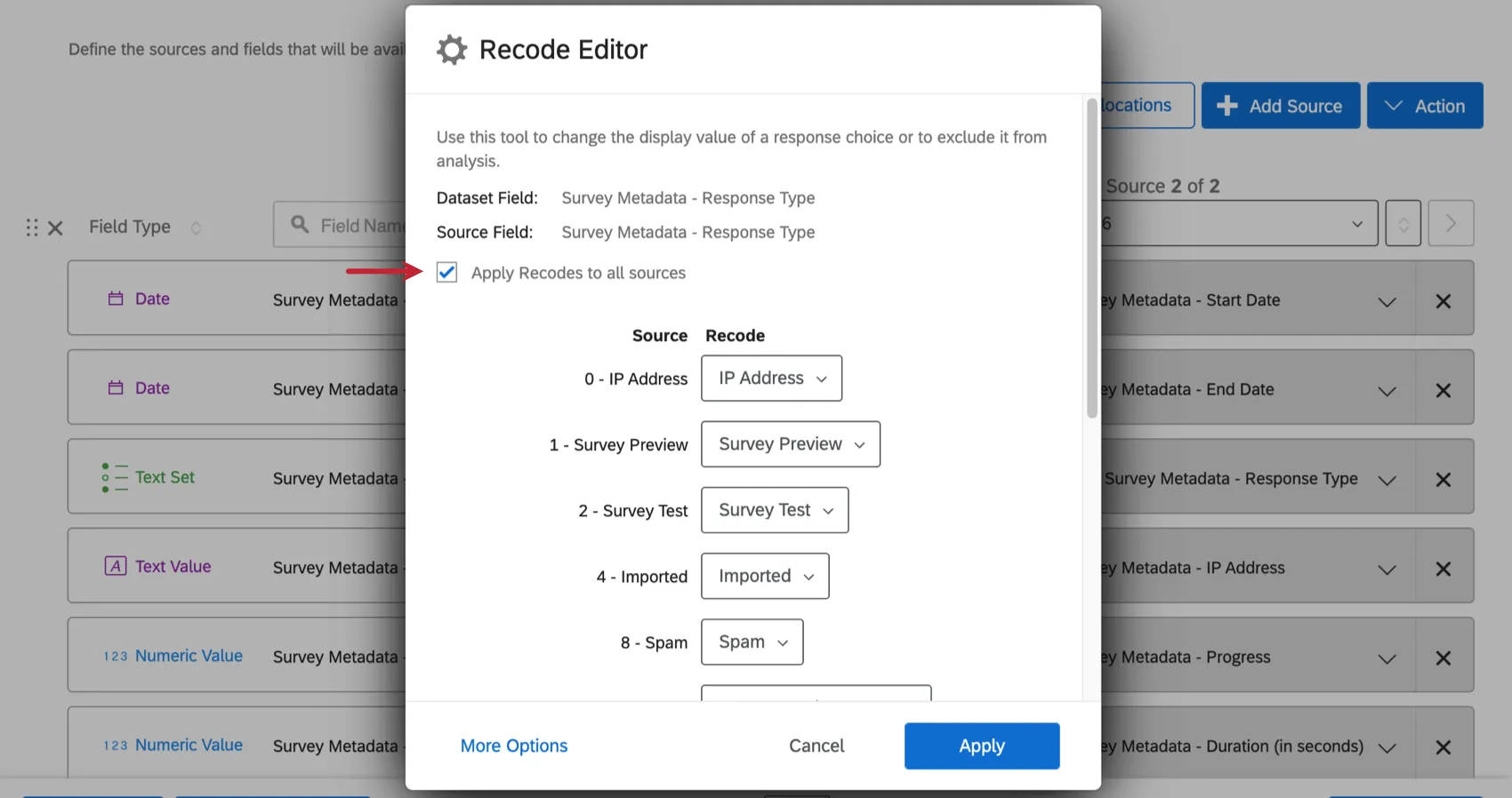 recode editor window has a checkbox that says "apply recodes to all sources" at the top