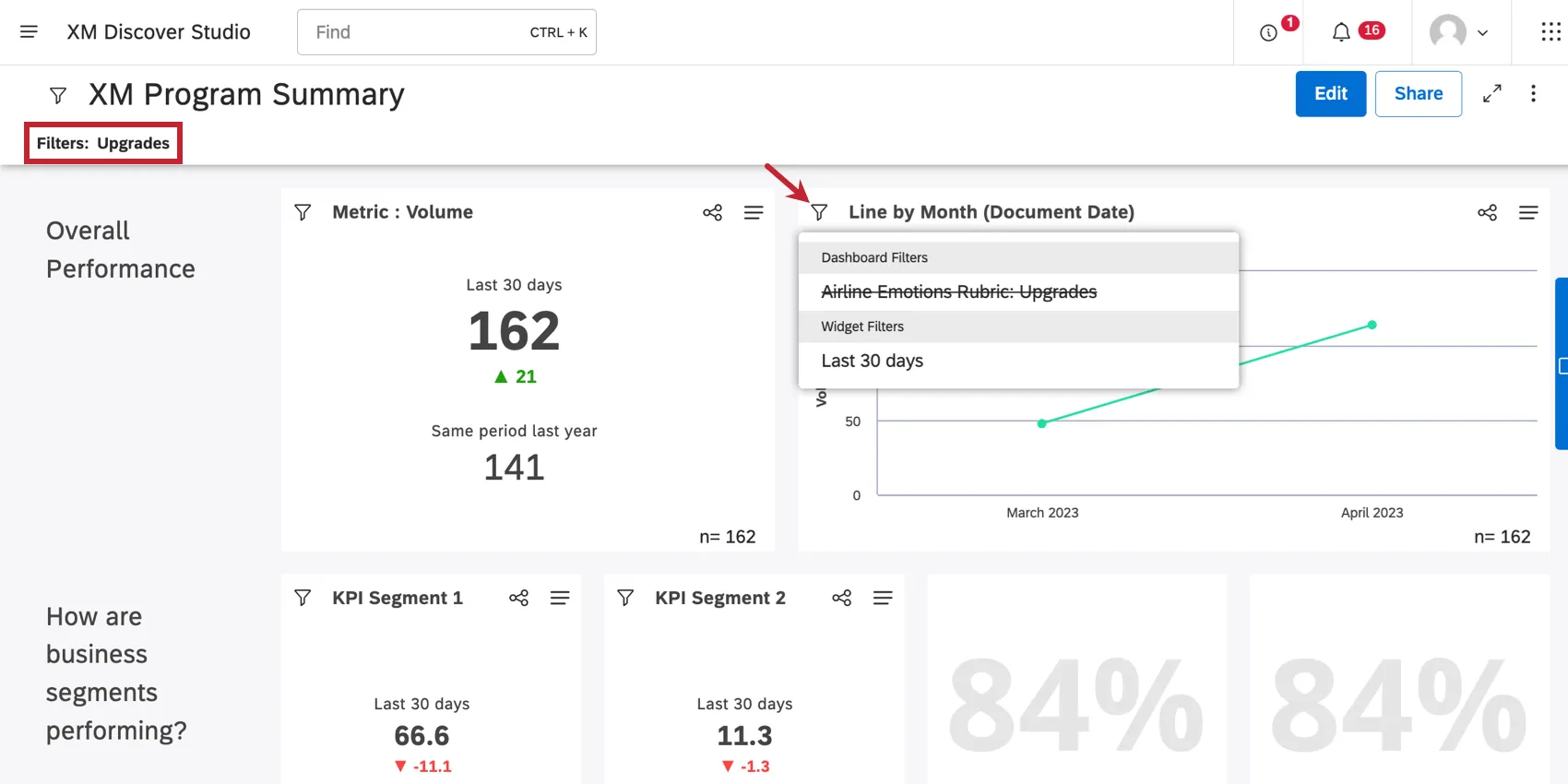 ダッシュボード上部のフィルター
