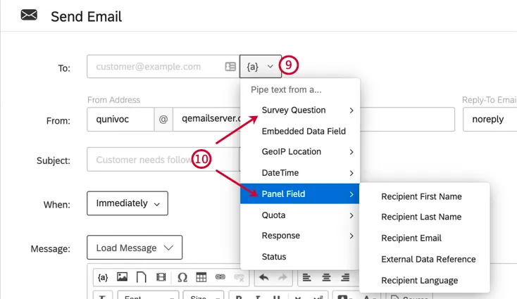 personalizzare unattività e-mail. fare clic sullicona del testo trasferito avanti al campo a per selezionare il campo con lindirizzo e-mail del rispondente