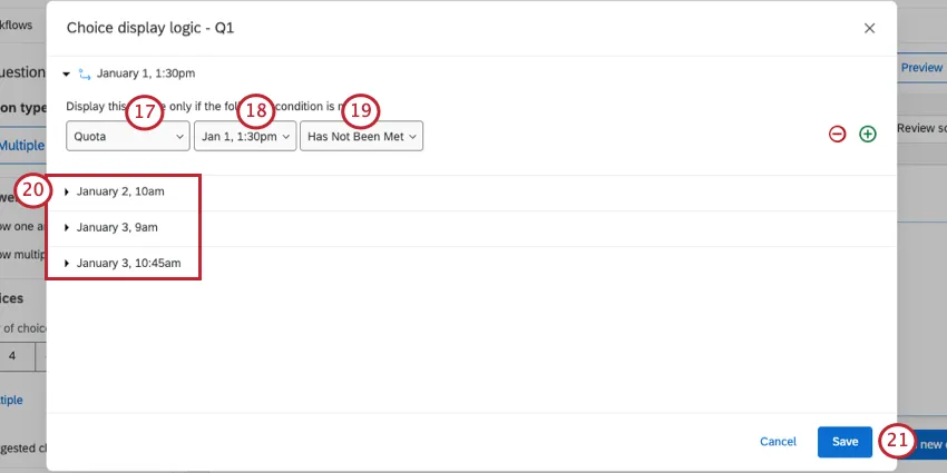 Question dropdown reveals a Quota option. Changing fields for the display logic