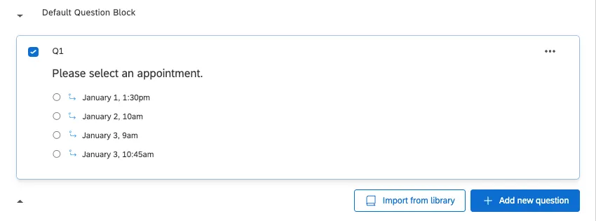 A completed question. Each choice has a little arrow next to it to indicate display logic has been added
