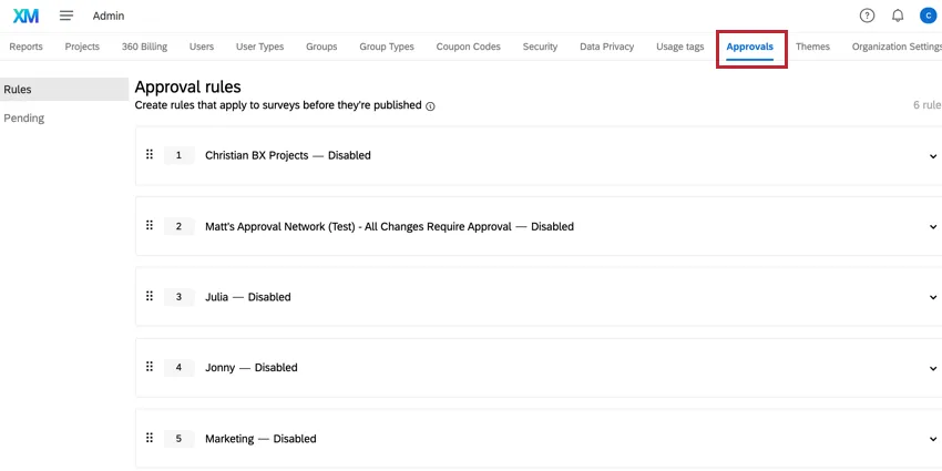 the approvals tab in admin