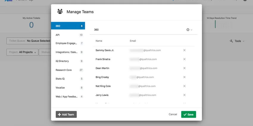 Janela de equipes Tíquete exibindo a lista de equipes por produto à esquerda e uma lista de membros da equipe 360 no centro