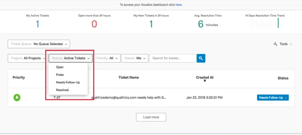 Filtrar tickets usando los menús desplegables de estados en la parte superior