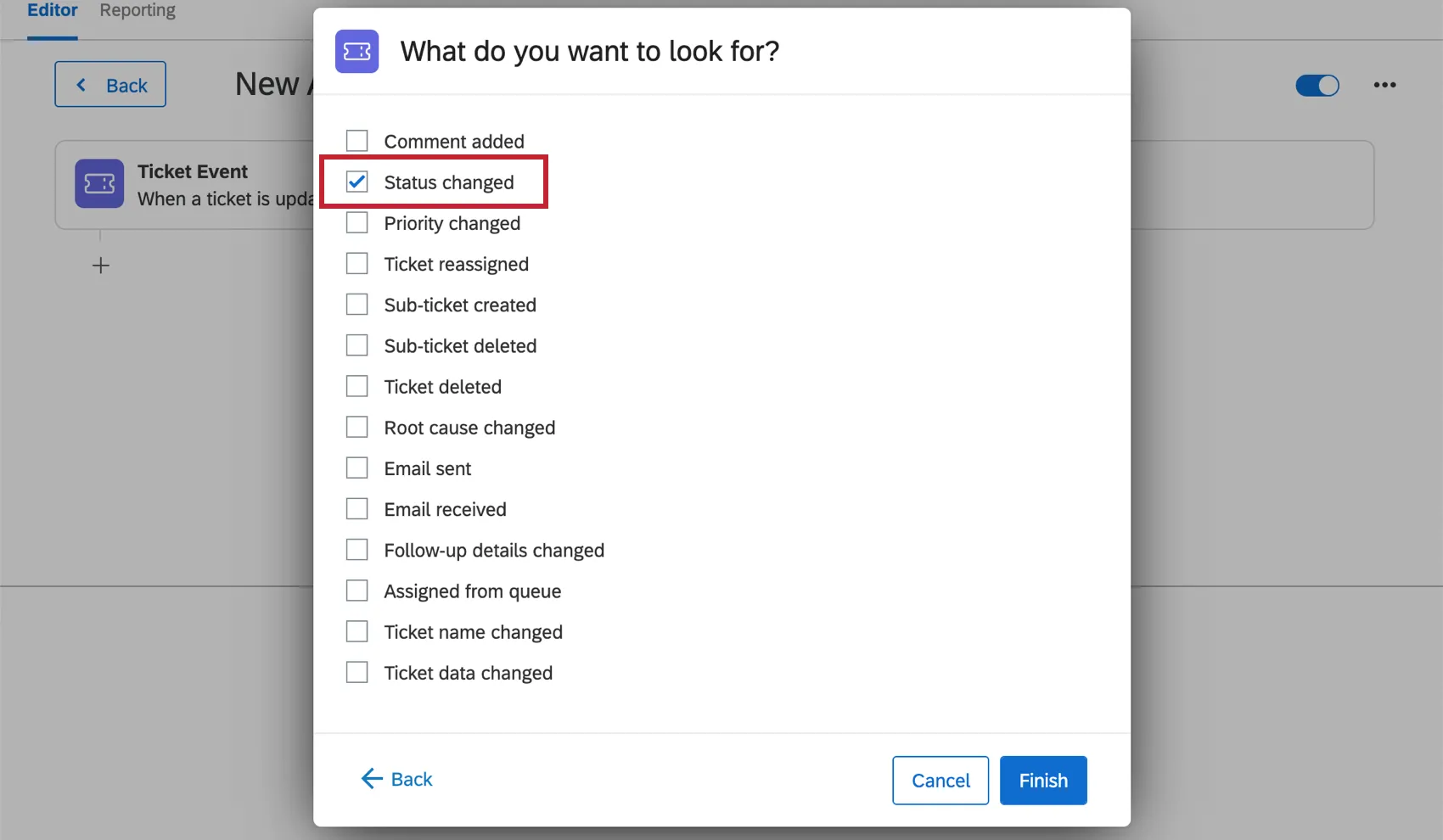 Image of window where "Status changed" is selected from a long list of ticket actions