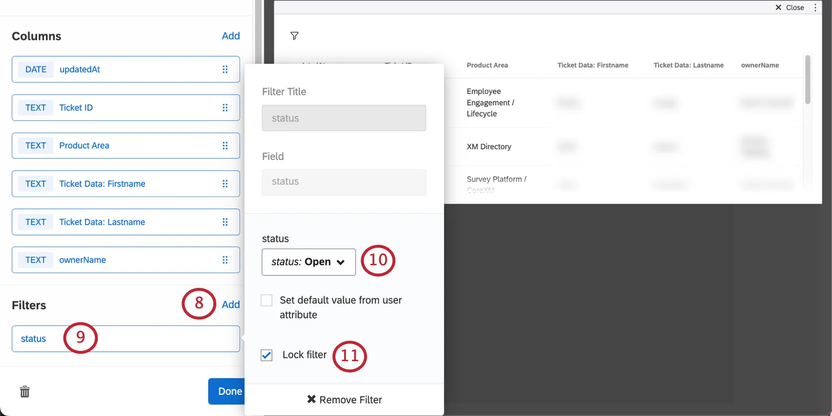 Clicar em adicionar filtro e abrir uma caixa de diálogo para criar o status e bloquear o filtro