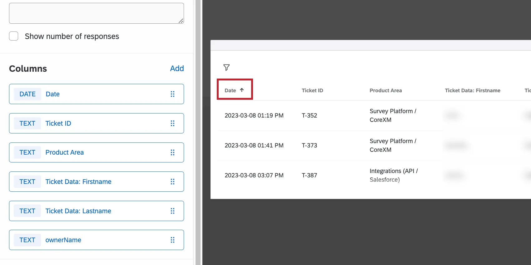 Date column header in the widget you are editing