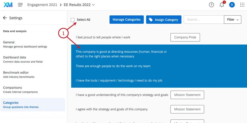 choosing questions to assign to a category