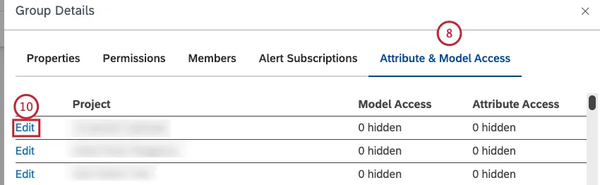 Select the Attribute and Model Access tab. Locate your project and click the Edit link next to it.