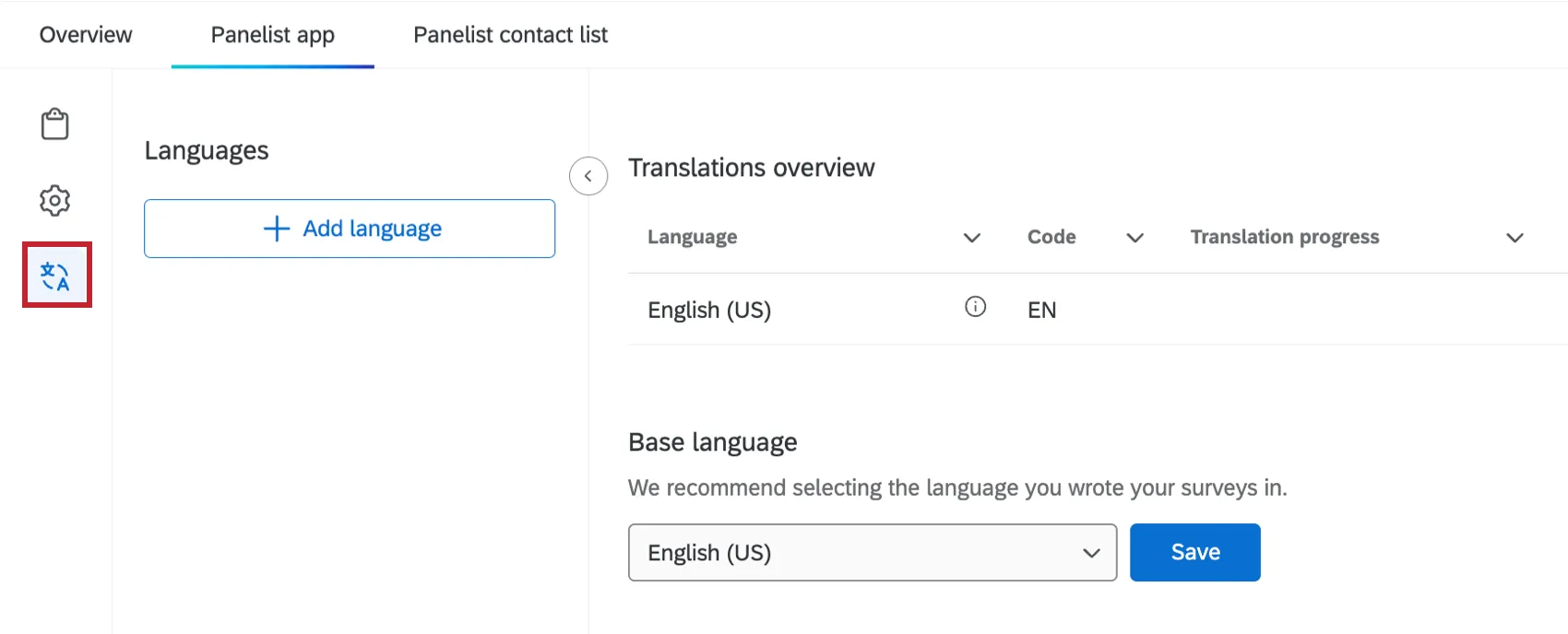 Pestaña de traducciones resaltada dentro de la pestaña de la aplicación del panelista