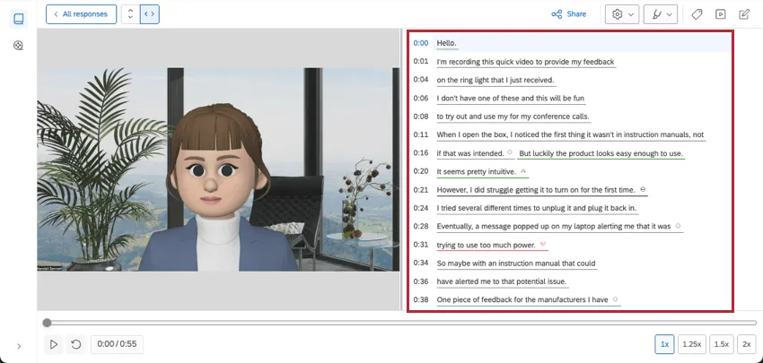 the transcript appears to the right of the video and follows along with the video content