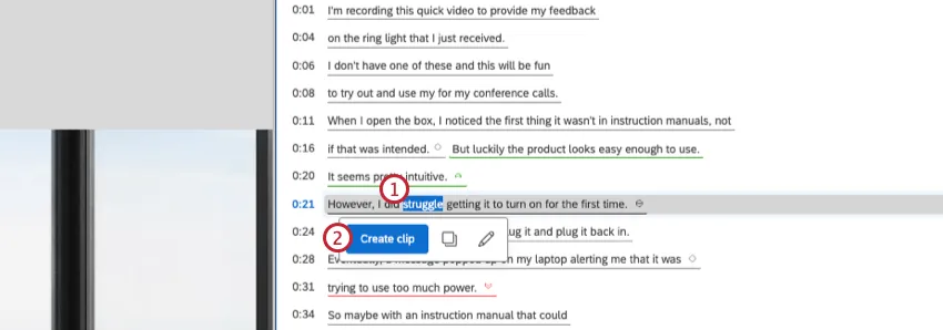 cliquer sur un mot dans une transcription