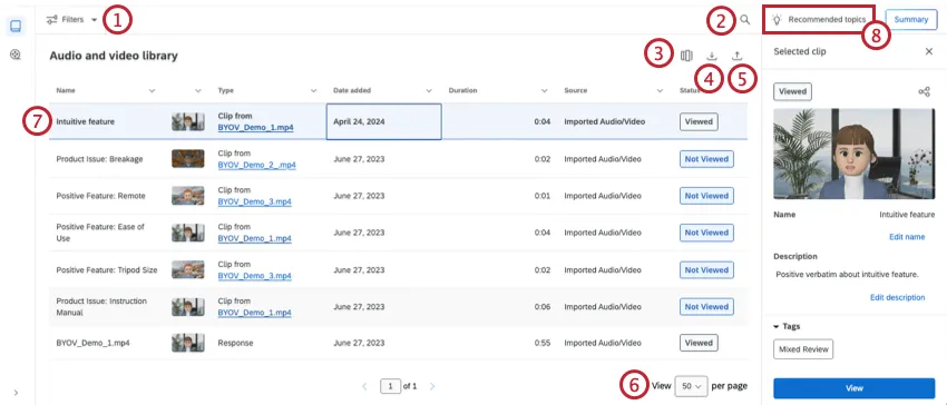 highlights the different components in the clips and analysis section.