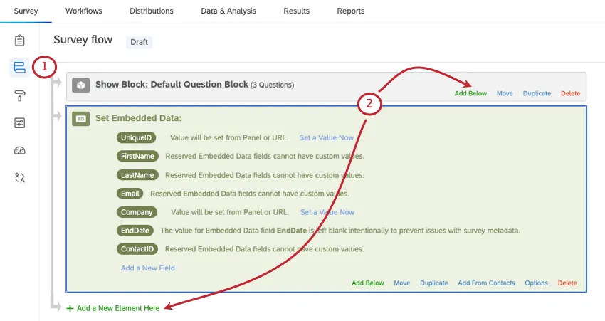 navigating to the survey flow and adding a new element