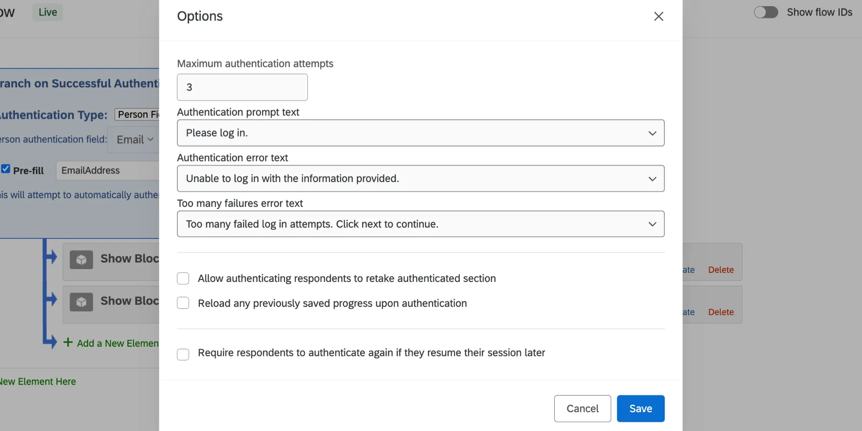 the authenticator options window