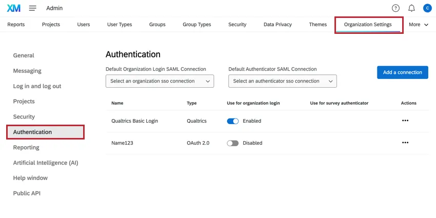 the authentication section of organization settings