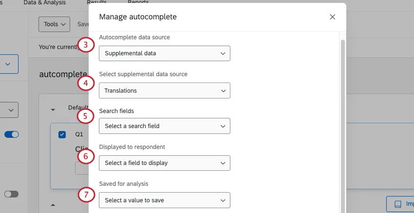 nova janela onde você configura o preenchimento automático