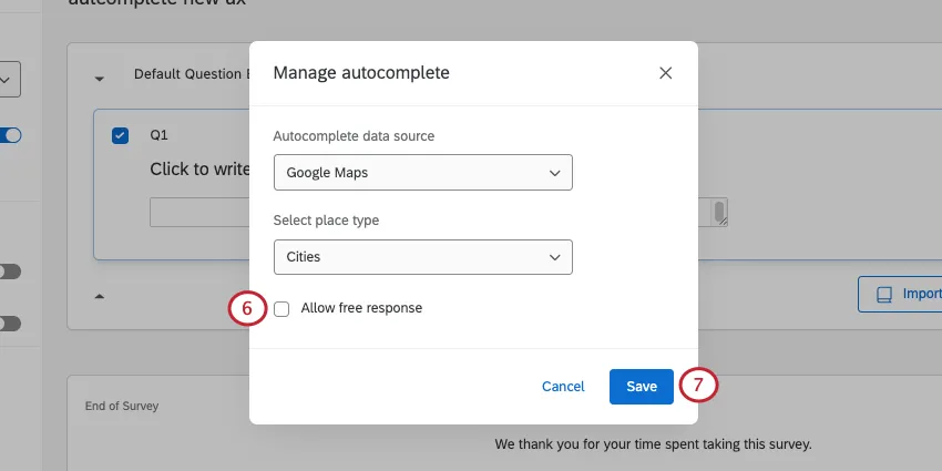 allow free responseはウィンドウの下部にチェックボックスのように表示されます。