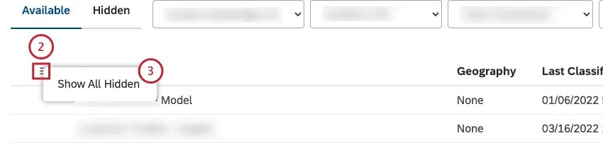 Expand the actions menu next to the Name column in the Attributes table for attributes or the Models table for category models. Click Show All Hidden to show hidden attributes or category models that are not currently visible.