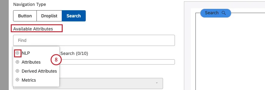 Select up to 10 text and numeric attributes to include in the search