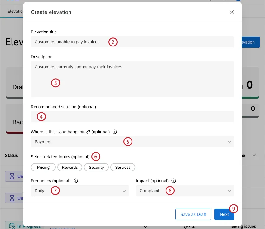 options pour configurer une élévation