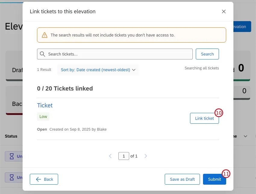 tickets pour lier un ticket et soumettre la création surlignée