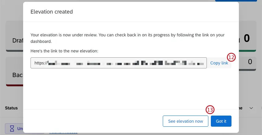 janela pop-up com um link direto para a elevação no dashboard