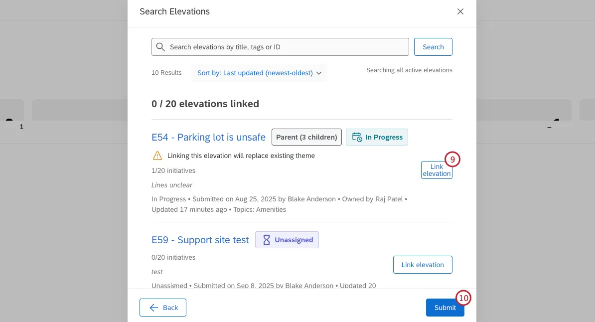 buttons to link and submit elevations