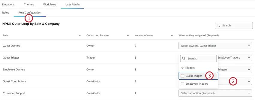columns in the role configuration tab