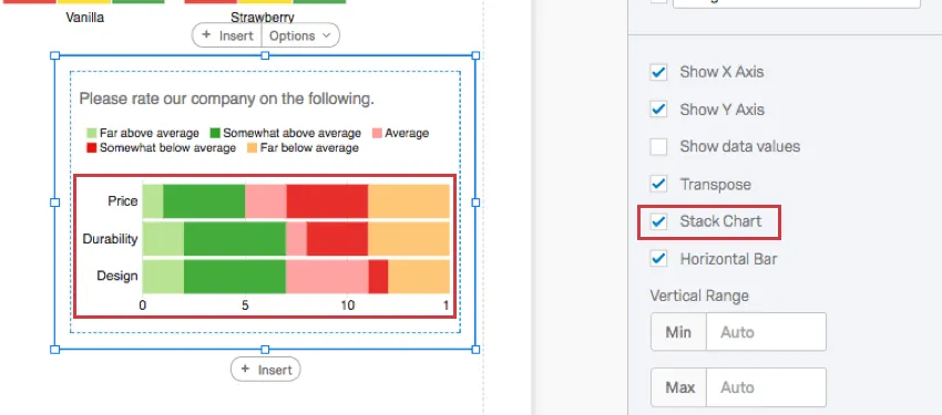 Bars are colored stacked on top of each other because Stack Chart is selected