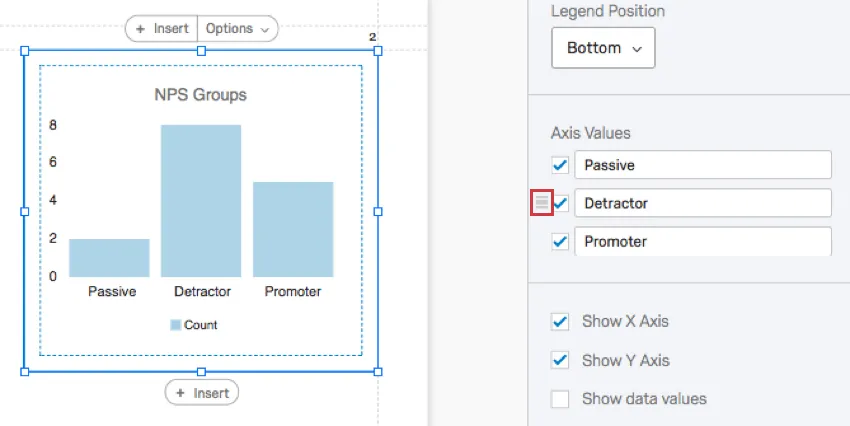 El orden de las barras en un gráfico cambia cuando se arrastra y suelta una barra