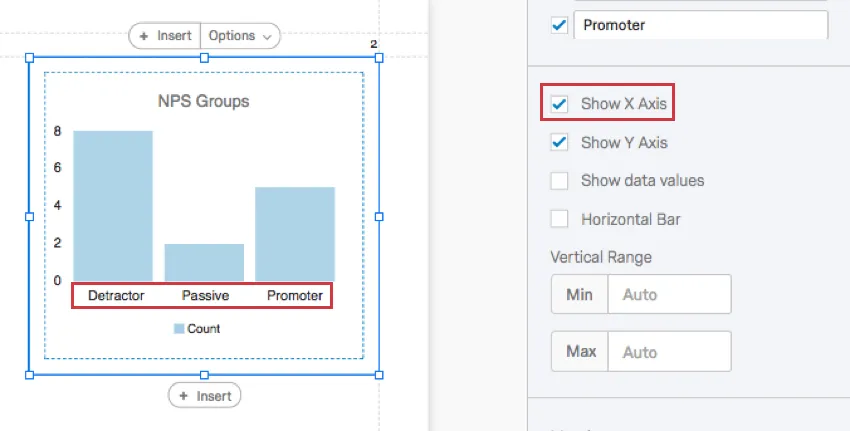 Labels show beneath the bars on a chart because Show X Axis is selected