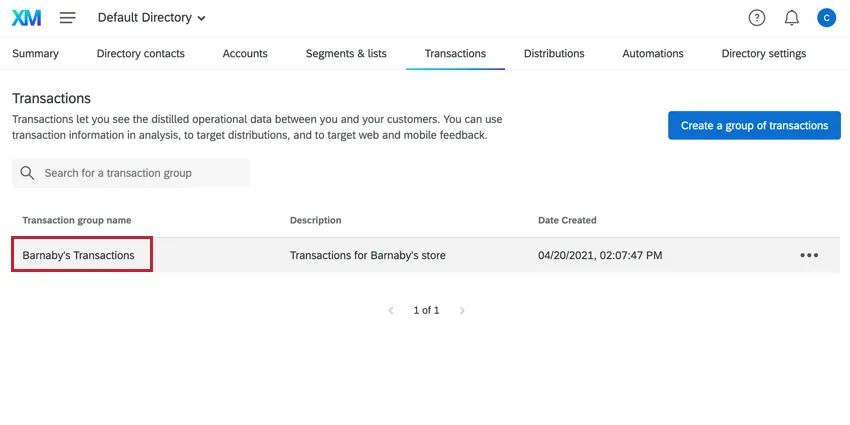 selecting a transaction group from the list