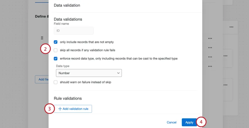 choosing data validation options for a basic transform task