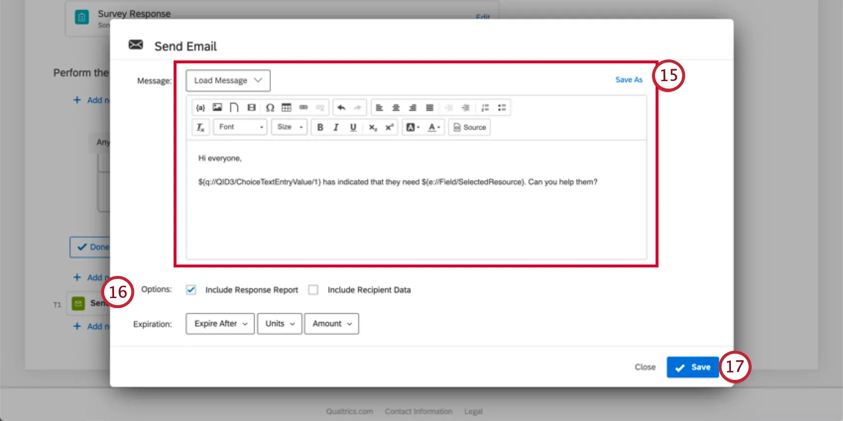 Scroll down inside send email window. Theres a field for the message with a rich content editor along top. Top left, button for adding library messages. Top-right, button for saving to library
