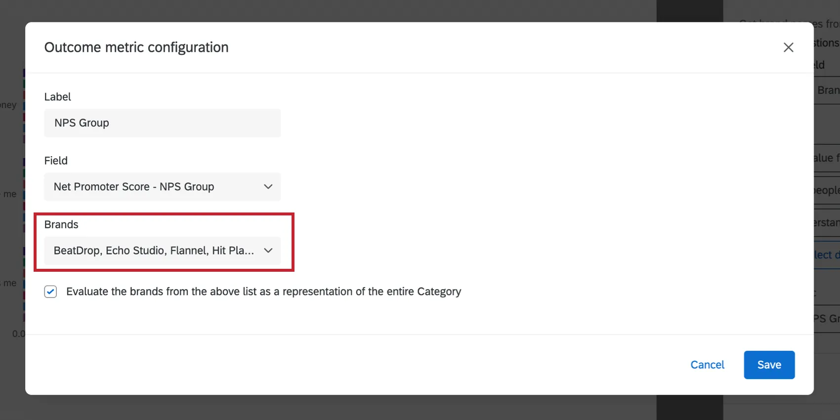 Outcome metric configuration window has brands field at the bottom