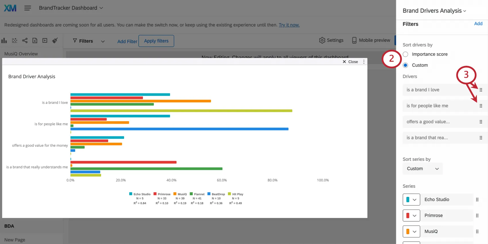 Classificação das configurações dos drivers no painel de edição do widget