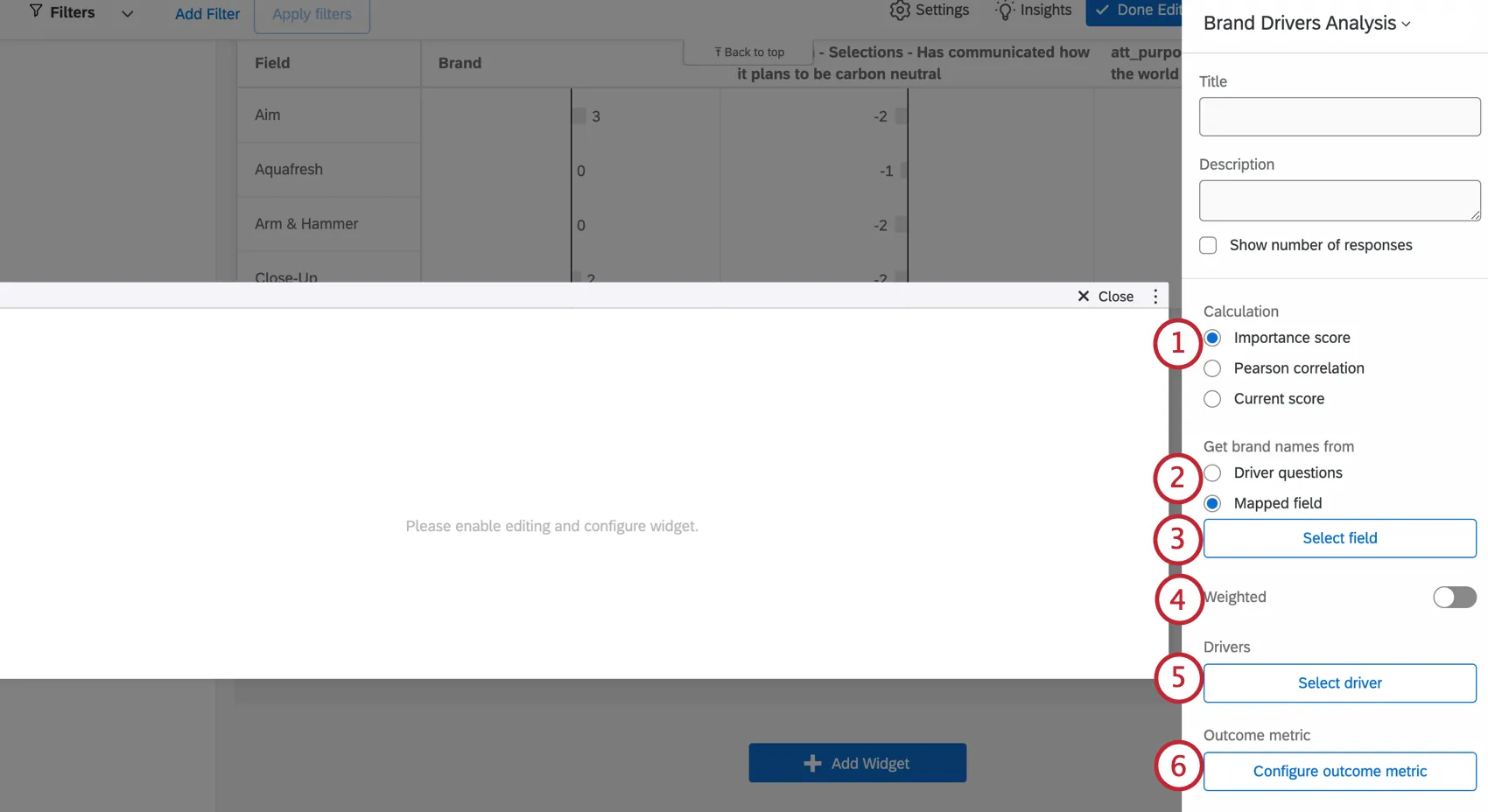 Configuración de cálculo en el panel de edición del widget