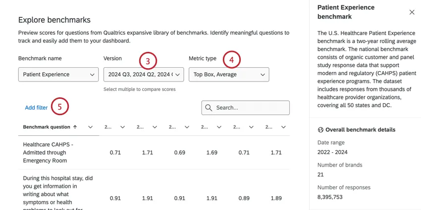 choosing a benchmark version, selecting metrics, and filtering the benchmark